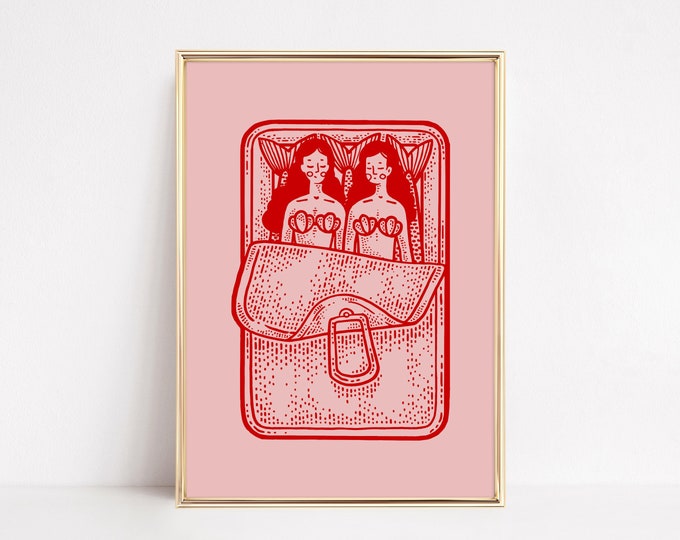 Zeemeerminnen sardine print, kunst aan de muur keuken, sardines tin print, rode en roze kunst, eetkamer decor, retro food kunst, retro keuken decor