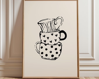 Coffee Cups Print, Minimalist Kitchen Wall Art, Black and White Mug Illustration, Cozy Coffee Bar Decor, Digital Download