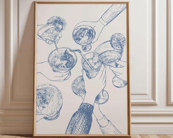 Cheers Cocktail Print, Blue Bar Cart Wall Art, Retro Kitchen Wall Art, Sketch Alcohol Print, Bar Cart Digital Decor, Trendy Alcohol Print