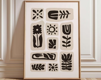 Abstract Floral Print: Beige & Black Botanical Wall Art (Digital Download)