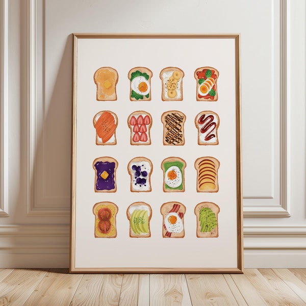 Toast Breakfast Print, Avocado Toast Decor, Trendy Kitchen Wall Art, Kitchen Decor, Foodie Art Print, Minimalist Food Ingredient Print