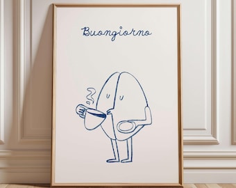 Hand Drawn Blue Coffee Print, Italian Kitchen Print, Retro Coffee Print, Neutral Kitchen Decor, Coffee Lover Print, Minimalist Coffee Print