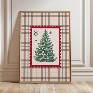 Christmas Postal Stamp Print, Whimsical Christmas Poster, Trendy Neutral Christmas Wall Art, Holiday Wall Decor, Checkered Christmas Print