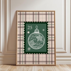 Christmas Postal Stamp Print, Whimsical Christmas Poster, Trendy Neutral Christmas Wall Art, Holiday Wall Decor, Checkered Christmas Print