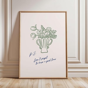 Impresión de jarrón de flores minimalista, póster vintage de Dolce Vita, impresión floral dibujada a mano, arte de pared femenino, impresión de ramo de flores, descarga digital
