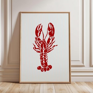 Red Lobster Print: Blue Stripes Seafood Kitchen Art (Digital Download)