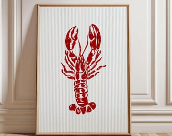 May include: A red lobster illustration on a white and blue striped background. The lobster is facing forward with its claws raised.