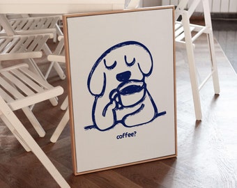 May include: A framed canvas art print with a blue line drawing of a dog drinking coffee. The dog has closed eyes and the word "coffee?" is written below the dog in a handwritten font.