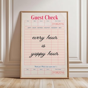 Yappy Hour Print Guest Check Cocktail Print, Retro Bar Cart Print, Retro Kitchen Wall Art, Cheers Cocktail Print Trendy Alcohol Kitchen Art