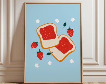 Strawberry Toast Print, Toast Wall Art, Trendy Kitchen Wall Art, Colorful Kitchen Decor, Food Art Print, Dining Room Decor, Digital Print