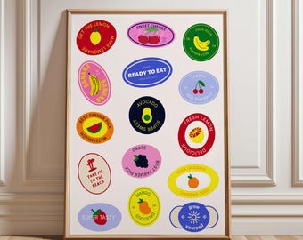 Vintage Fruit Stickers Kitchen Print: Trendy Food Wall Art (Digital Download)