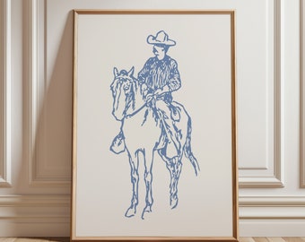 Impressão de esboço de cowboy azul: arte de parede ocidental elegante (download digital)