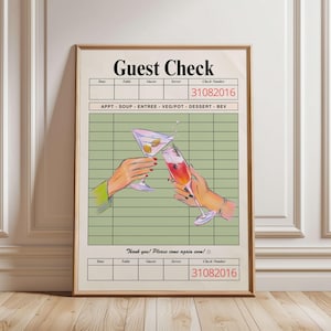 Guest Check Cocktail Print, Sage Green Retro Bar Cart Print, Retro Kitchen Wall Print, Cheers Cocktail Print, Trendy Alcohol Kitchen Art