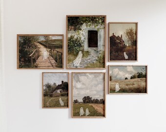 Set von 6 Geister-Vintage-Gemälden, Cottagecore Halloween-Galerie, Wandkunst, Bauernhausdekor, digitaler Download