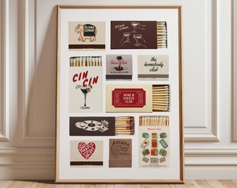 Vintage Matchbox Print, Retro Matchbook Wall Art, Trendy Matches Poster, Funky Aesthetic  Kitchen Wall Prints, Apartment Dorm Room Wall Art