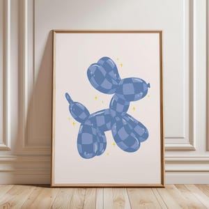 Checkered Balloon Dog Blue Print, Teen Bedroom Decor, Colorful Nursery Print, Y2K Preppy Room Decor, Dopamine Wall Art, Trendy Printable Art