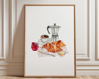 Könnte beinhalten: Ein Aquarellbild einer Frühstücksszene mit einer silbernen Kaffeekanne, einer Tasse Kaffee, zwei Croissants, einer kleinen Schale Marmelade und einer kleinen Schale Butter.
