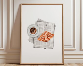 Retro Coffee & Croissant Print: Kitchen Newspaper Art (Digital Download)
