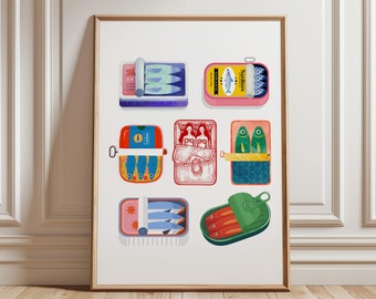 Sardine Set Print, Kitchen Wall Art, Sardines Tin Print, Dining Room Decor, Retro Food Art, Retro Kitchen Decor, Italian Food Poster