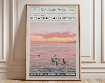 GRAINY Salt Water Heals Everything Newspaper Print Surf Girl Poster Trendy Headline Coastal Print, Apartment Art Aesthetic Coastal Wall Art