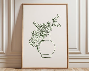 Impresión de jarrón con flores de línea verde: Boceto botánico (descarga digital)