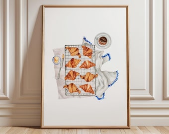 Kitchen Wall Art, Croissant Kitchen Print, Retro Coffee Wall Print,  Breakfast Print, Trendy Coffee Bar Print, Printable Wall Art