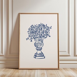 Póster de florero minimalista, arte mural de flores de líneas finas azules, impresión de boceto botánico vintage, impresión artística de Les Fleurs, impresión de flores de moda