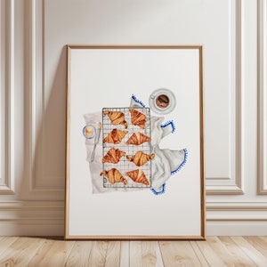 Arte mural de cocina, Impresión de cocina con croissant, Impresión mural de café retro, Impresión de desayuno, Impresión de cafetería de moda, Arte mural imprimible