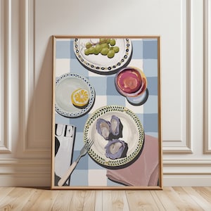 Sztuka ścienna Oysters Kitchen, wydruk retro do kuchni, modny wydruk z jedzeniem, sztuka ścienna Brunch, wydruki na wózkach barowych, wydruk śniadaniowy, dekoracja kuchni z jedzeniem