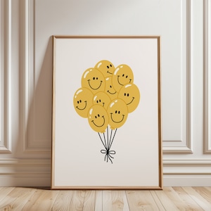 Stampa con palloncino giallo sorridente, decorazione per camera da letto per adolescenti, stampa da parete per cameretta, arte murale Dopamina, decorazione per camera preppy Y2K, stampa da parete carina e alla moda