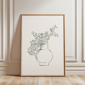 Póster de florero minimalista, arte mural de flores de líneas finas verdes, impresión de boceto botánico vintage, impresión artística de Les Fleurs, impresión de flores de moda