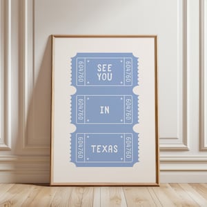 Impresión "Nos vemos en Texas", impresiones para dormitorios, arte mural retro de ciudades estatales, arte mural con talones de boletos, impresiones de ubicaciones estéticas, impresión de viajes a Texas