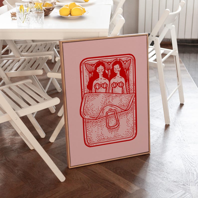 Mermaids Sardine Print, Kitchen Wall Art, Sardines Tin Print, Red and Pink Art, Dining Room Decor, Retro Food Art, Retro Kitchen Decor image 4