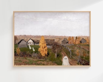 Ghost Village Painting, Vintage Autumn Landscape Art Print, Cottagecore Halloween Decor, Farmhouse Wall Art, Digital Download