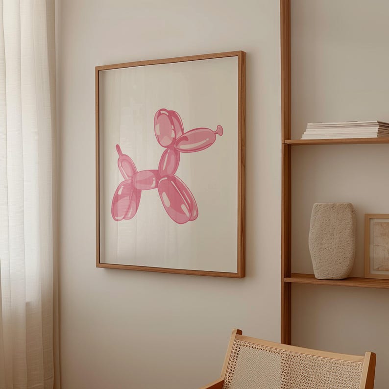 Impresión de perro con globo, arte de pared rosa preppy, impresión para amantes de los perros, póster de arte animal, arte de moda con estampado femenino, impresión de arte para guardería, impresión de animal con globo imagen 4