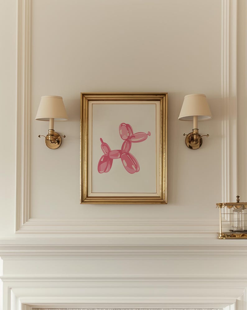 Impresión de perro con globo, arte de pared rosa preppy, impresión para amantes de los perros, póster de arte animal, arte de moda con estampado femenino, impresión de arte para guardería, impresión de animal con globo imagen 5