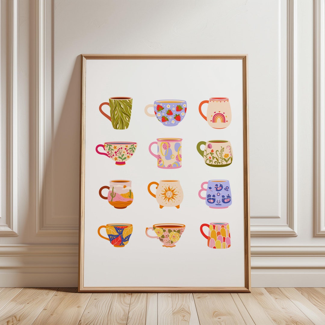 for the tea kitchen print | unique wall art from... Tea Cup Print, Tea Mug Poster, Colorful Kitchen Wall Art, Coffee and ...