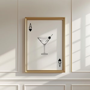 Stampa Martini asso di cuori, stampa di carte da gioco retrò, arte della parete cocktail, arredamento del carrello bar, arte della parete Martini, stampe del carrello bar minimalista