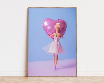 Retro Doll Poster, Heart Balloon Print, Girly Wall Art, Preppy Poster, Y2K Aesthetic Print, Altered Art, Pink Poster, Dorm Room Wall Decor