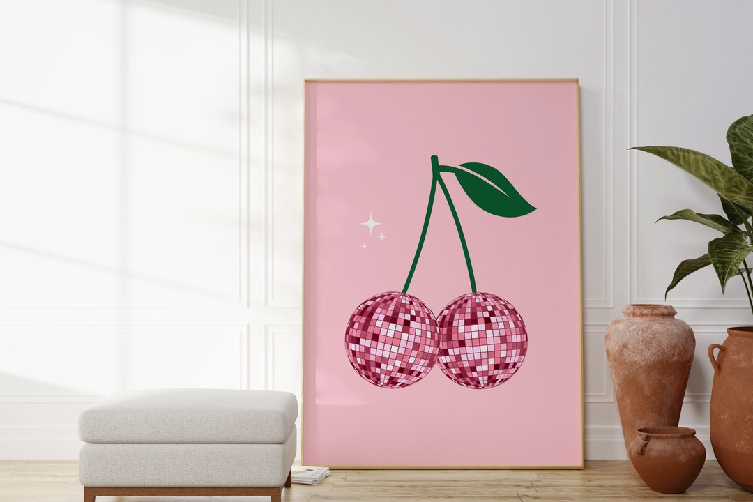 Cherries Disco Ball Preppy Pink Wall Art Prints