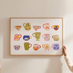 Teetasse Poster, Horizontale Küche Wandkunst, Kaffee Bar Dekor, Mid-Century Modern Kitchen Print, Vintage Teebecher Poster, Bunte Mugs Art