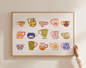 Tea Cup Print, Horizontal Kitchen Wall Art, Coffee Bar Decor, Mid-Century Modern Kitchen Print, Vintage Tea Mug Poster, Colorful Mugs Art