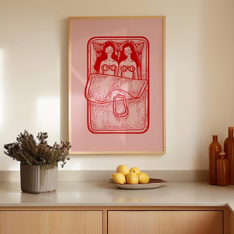 Mermaids Sardine Print, Kitchen Wall Art, Sardines Tin Print, Red and Pink Art, Dining Room Decor, Retro Food Art, Retro Kitchen Decor image 3