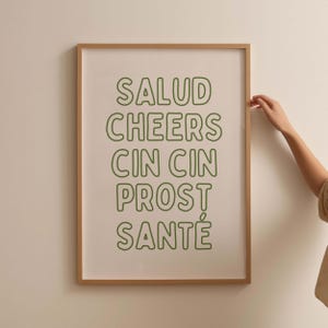 Green Cocktail Print, Cheers Alcohol Print, Funky Bar Cart Art, Retro Salud Drink Print, Aesthetic Kitchen Decor, Kitchen Printable Poster
