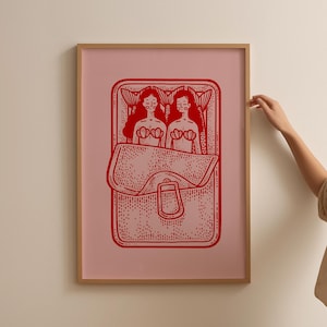 Mermaids Sardine Print, Kitchen Wall Art, Sardines Tin Print, Red and Pink Art, Dining Room Decor, Retro Food Art, Retro Kitchen Decor