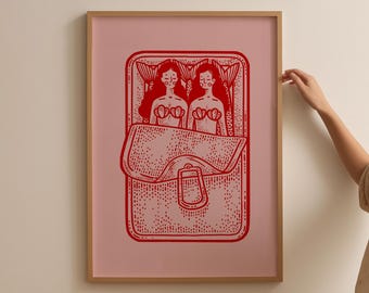 Mermaids Sardine Print, Kitchen Wall Art, Sardines Tin Print, Red and Pink Art, Dining Room Decor, Retro Food Art, Retro Kitchen Decor