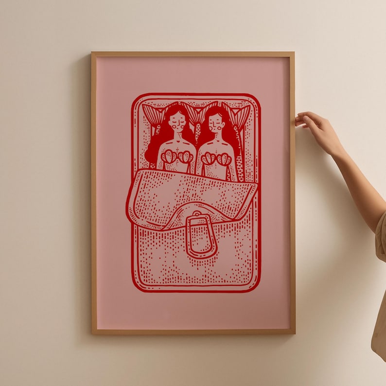Mermaids Sardine Print, Kitchen Wall Art, Sardines Tin Print, Red and Pink Art, Dining Room Decor, Retro Food Art, Retro Kitchen Decor image 1