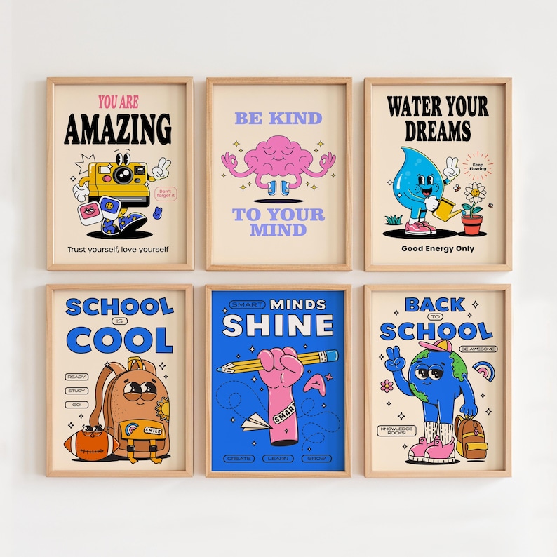 Peut inclure: Six affiches encadr&eacute;es avec des phrases de motivation et des illustrations de dessins anim&eacute;s. Les affiches pr&eacute;sentent des phrases telles que "You Are Amazing" et "Water Your Dreams". La palette de couleurs comprend le beige, le bleu, le rose et le jaune.