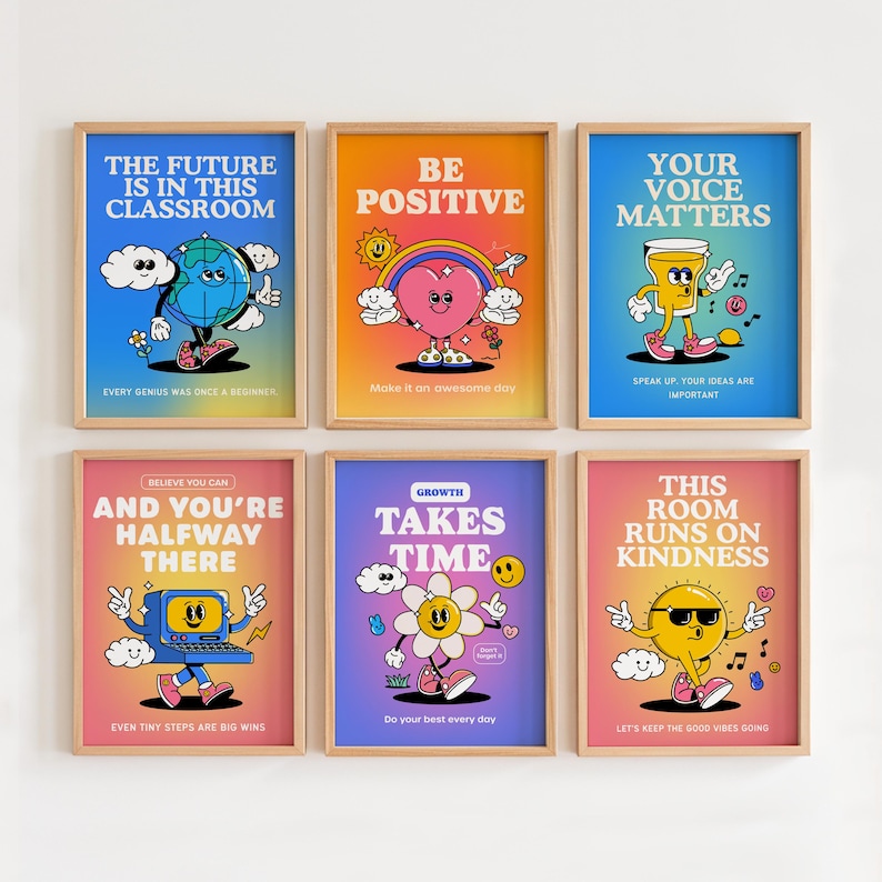 Peut inclure: Six affiches encadr&eacute;es avec des citations motivantes et des illustrations de dessins anim&eacute;s. Les affiches pr&eacute;sentent des phrases telles que "L'avenir est dans cette salle de classe" et "Soyez positif". Chaque affiche a un design unique avec des couleurs vives et des personnages ludiques.