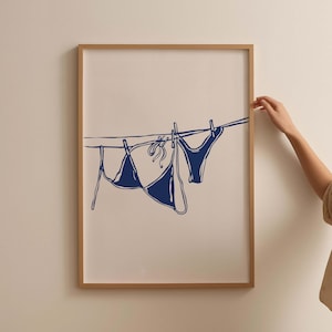 Bikini Hanging Poster Blue Bikini On Clothesline Print Bathing Suit Poster Aesthetic Dorm Room Print, Trendy Coastal Poster Laundry Room Art